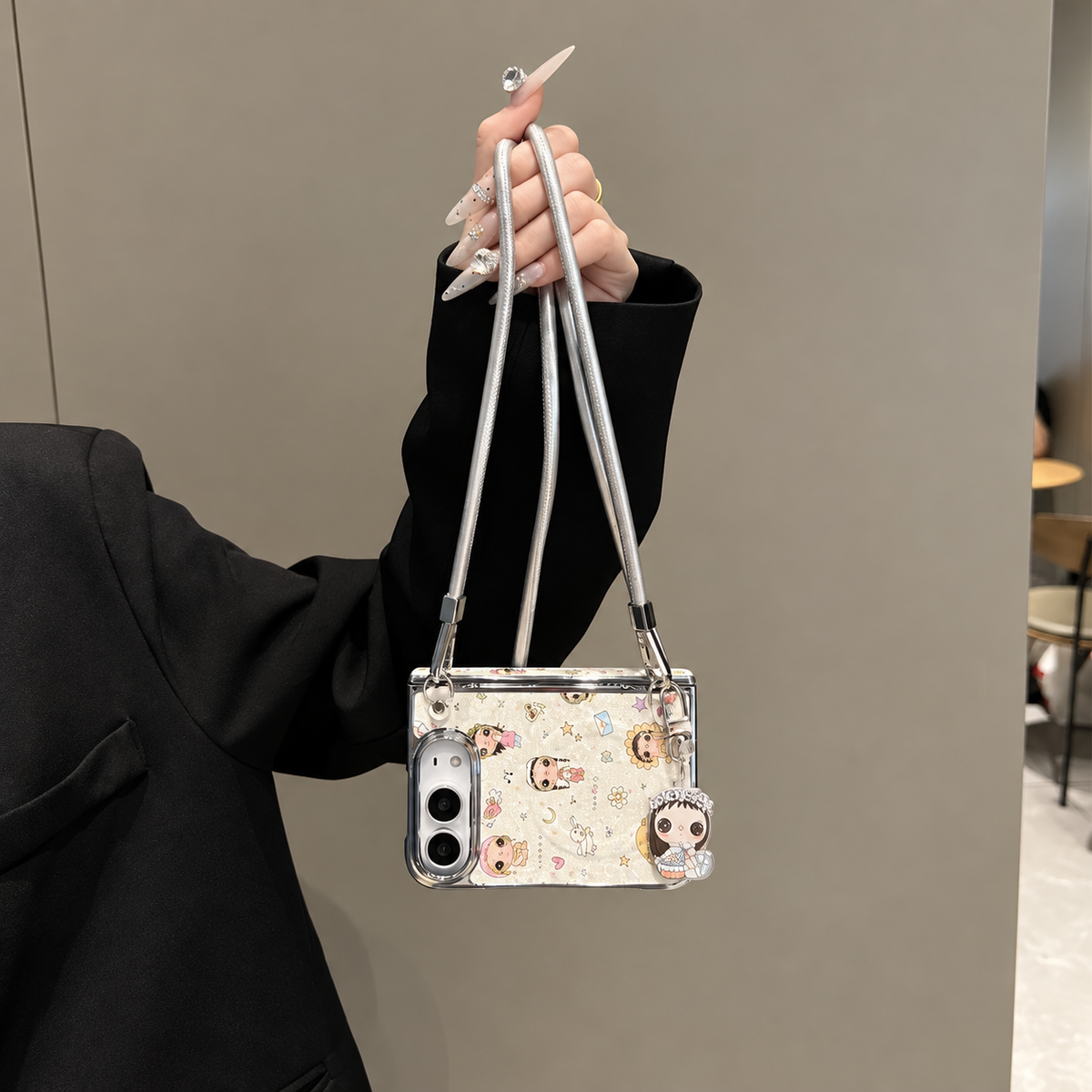 Doll Charm Glitter Crossbody iPhone Case