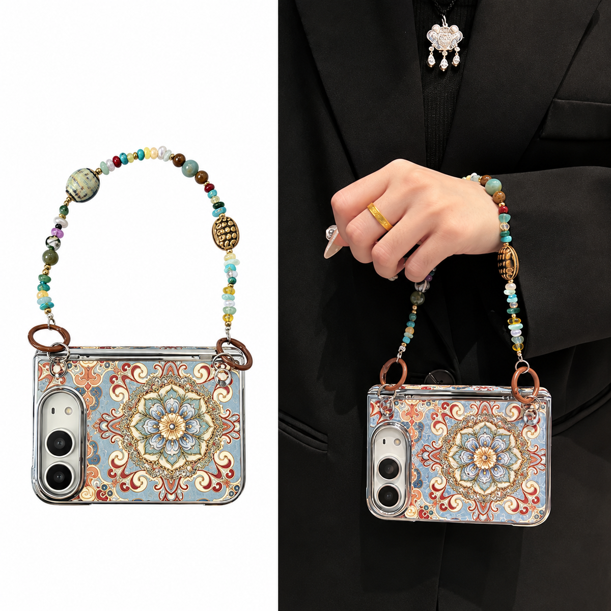 Vintage Mandala iPhone Duo Case with Beaded Strap