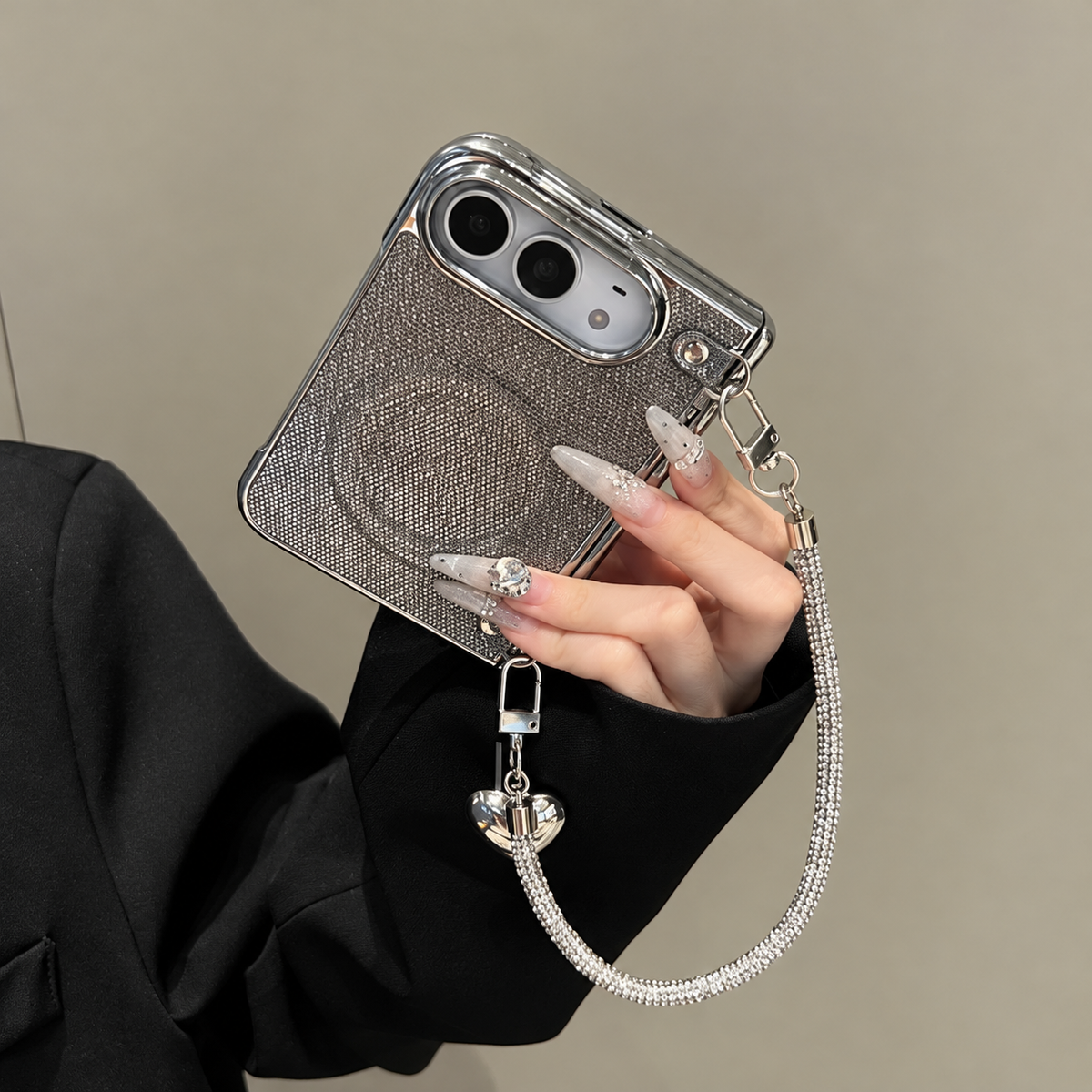 Silver Luxe Rhinestone iPhone Case with Heart Charm & Wrist Strap