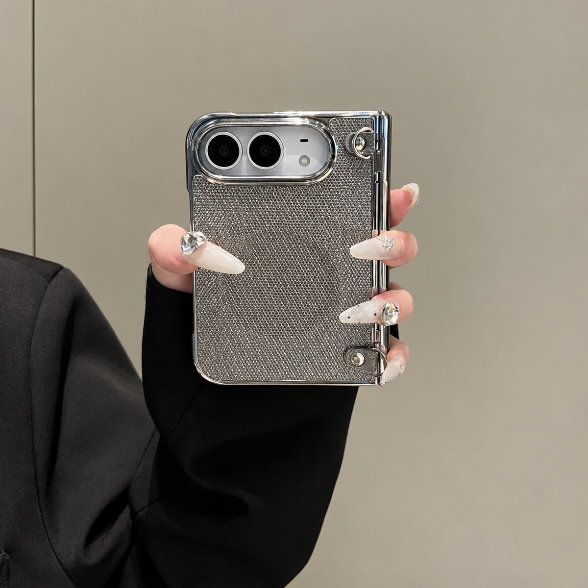 Silver Luxe Rhinestone iPhone Case with Heart Charm & Wrist Strap