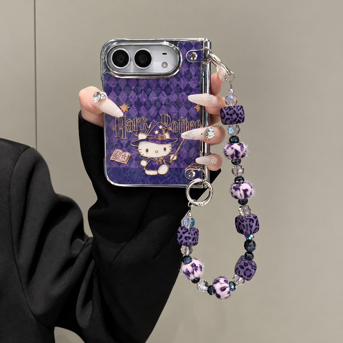 Purple Wizard Kitty Case with Beaded Charm Strap