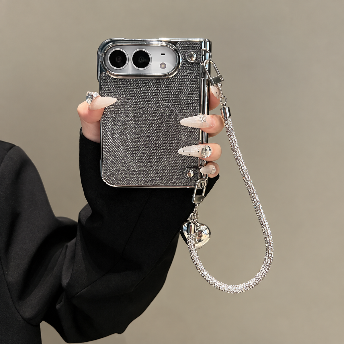 Silver Luxe Rhinestone iPhone Case with Heart Charm & Wrist Strap