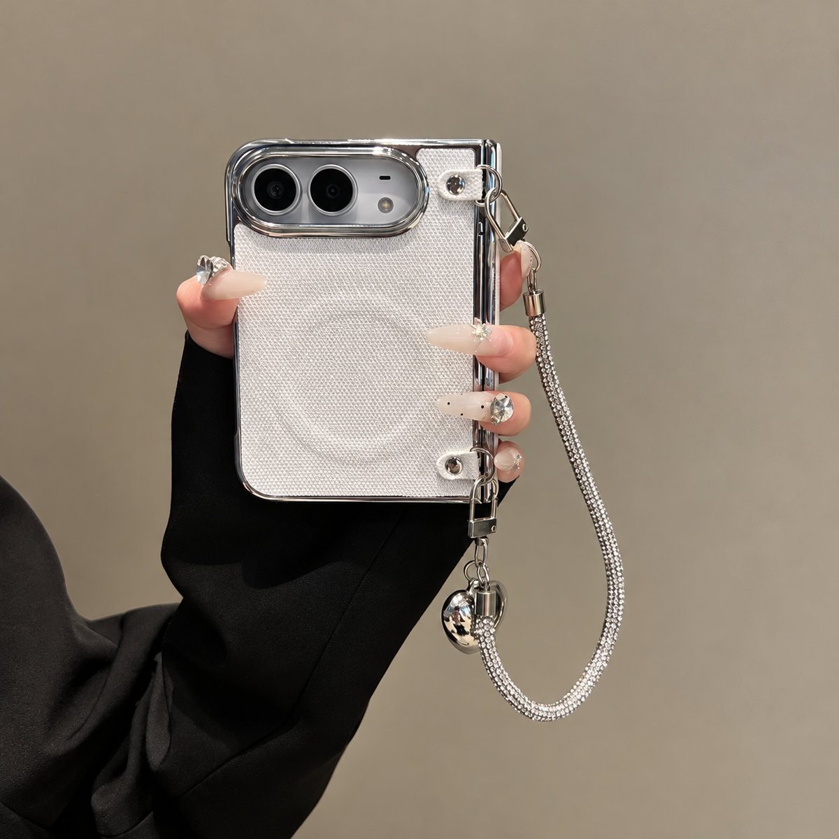 Silver Sparkle iPhone Case with Rhinestone Strap & Heart Charm