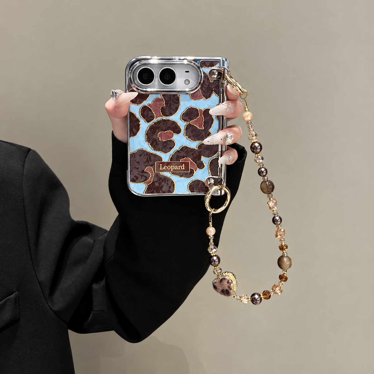Blue Leopard Beaded Strap iPhone Duo Case