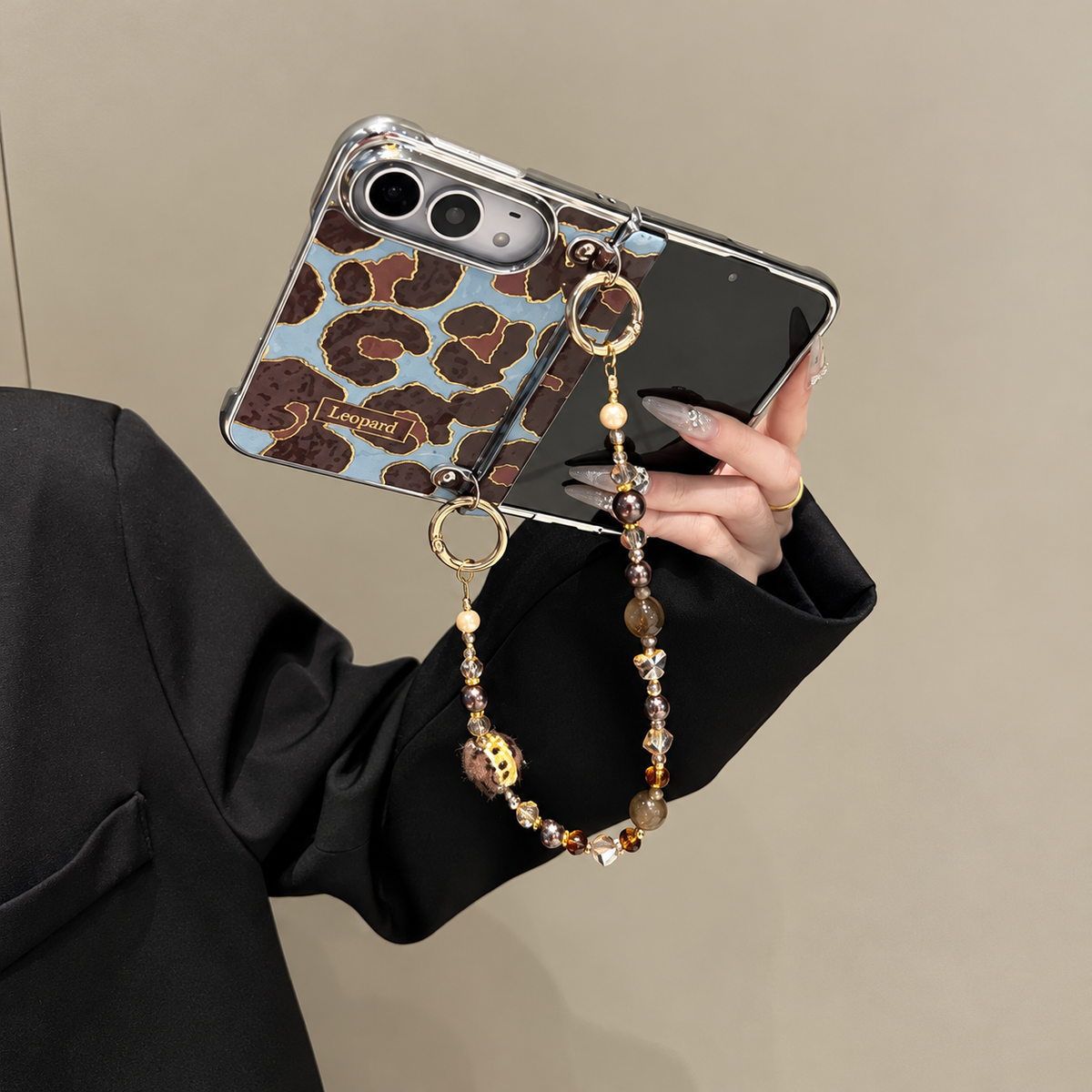Blue Leopard Beaded Strap iPhone Duo Case