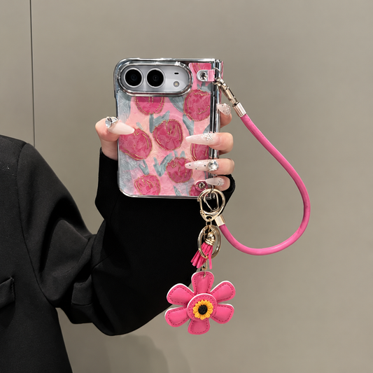Pink Tulip Crossbody iPhone Case with Flower Charm
