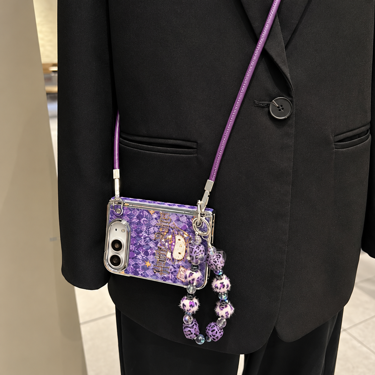 Purple Wizard Kitty Case with Beaded Charm Strap