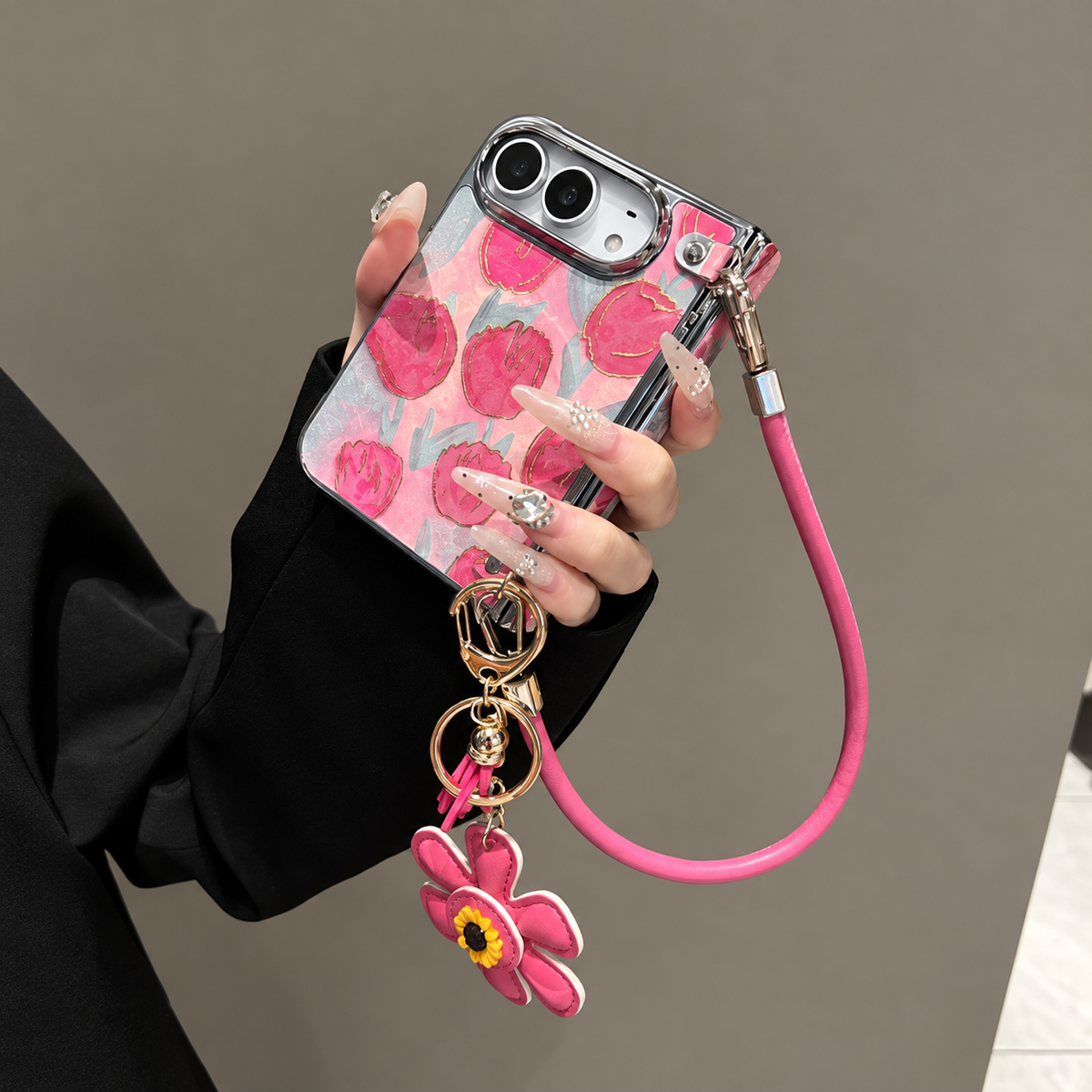 Pink Tulip Crossbody iPhone Case with Flower Charm